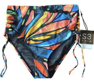 S3 Swim Bikini Bottom Size Small NWT‎ Tropical Floral Side Tie Ruched UPF 50+